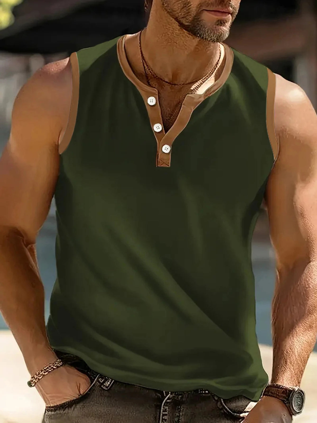 2025 Men Summer Tank Top Sleeveless Button Design Patchwork color T Shirts Loose Fit Running Beach Vest Daily Vest Men Clothing