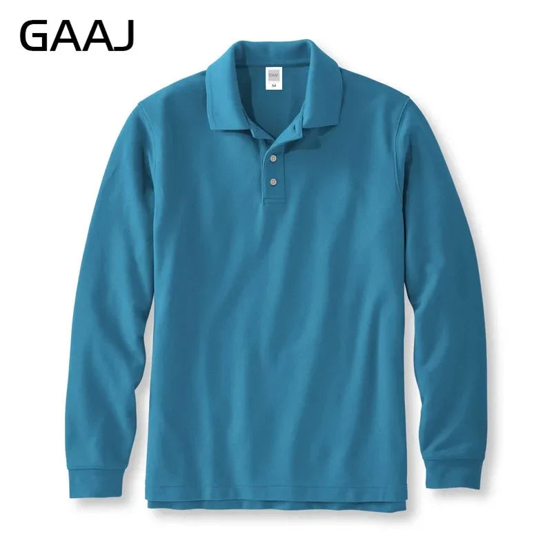 250gsm 8.8oz GAAJ Brand Mens Polo Long Sleeve Shirt 100% Cotton Heavy Weight Casual Business Clothing Solid Polos Shirts Top Man