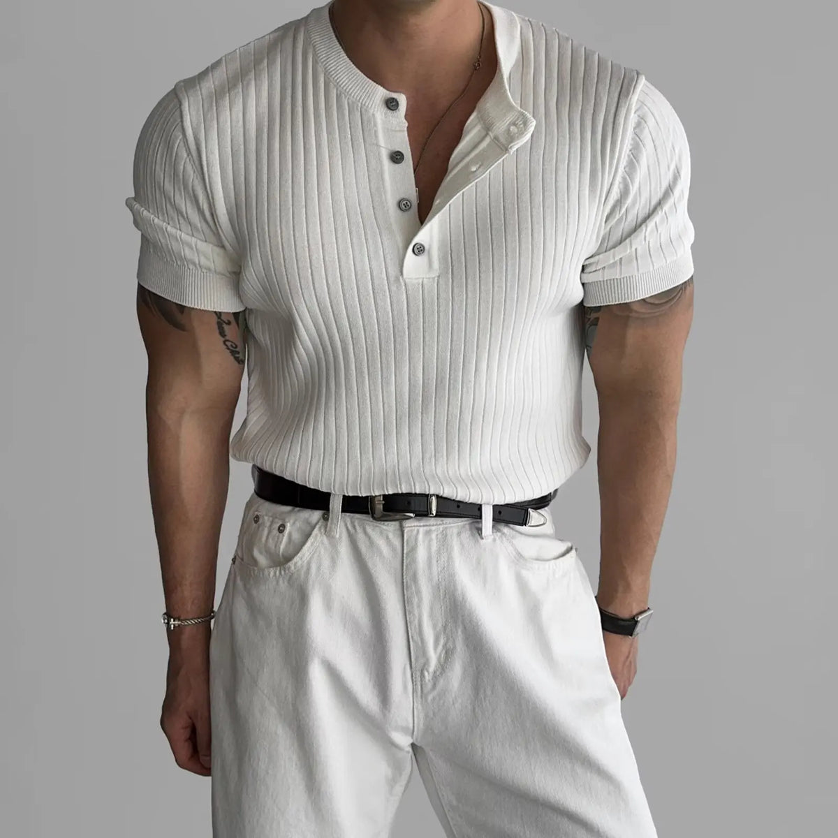 Men's Slim Fit Ribbed Henley Shirt Short Sleeve Button-Up Casual Muscle Tee
