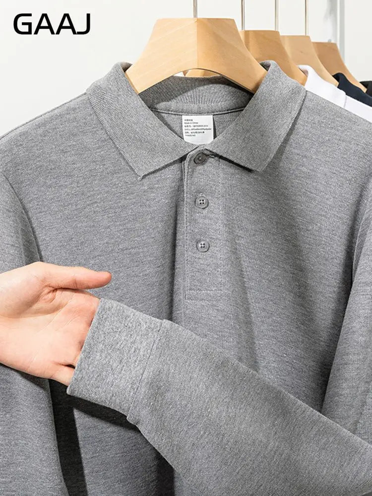 250gsm 8.8oz GAAJ Brand Mens Polo Long Sleeve Shirt 100% Cotton Heavy Weight Casual Business Clothing Solid Polos Shirts Top Man