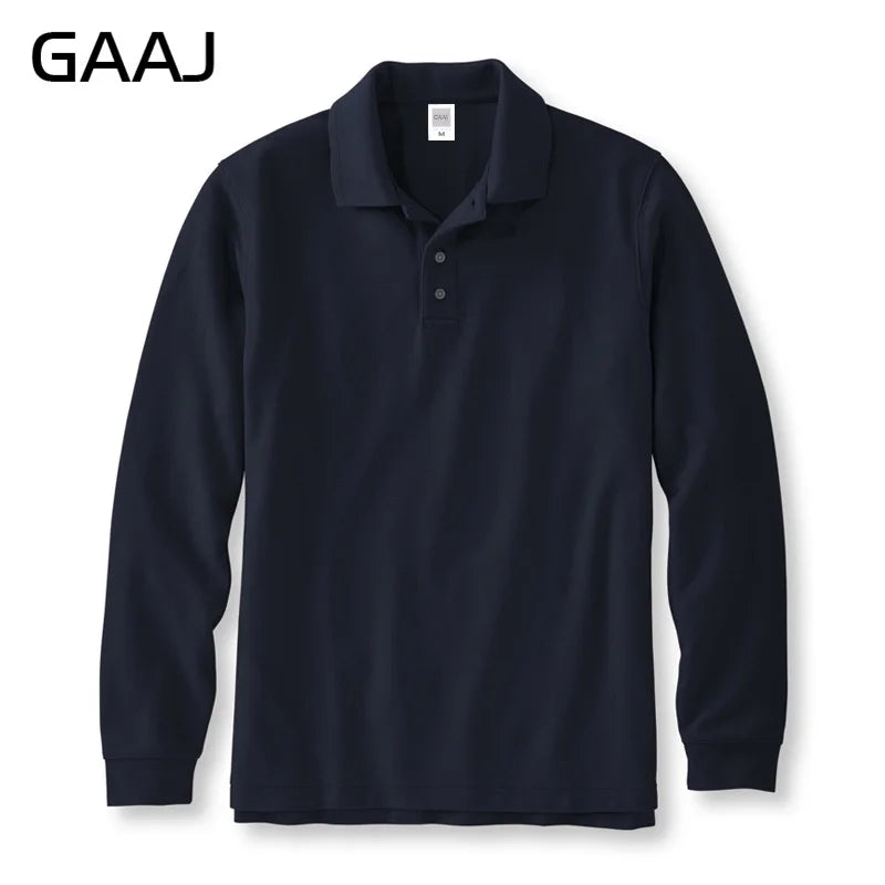 250gsm 8.8oz GAAJ Brand Mens Polo Long Sleeve Shirt 100% Cotton Heavy Weight Casual Business Clothing Solid Polos Shirts Top Man