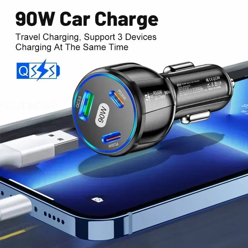 USB Car Charger Quick Charge 90W 3-in-1 QC3.0 PD Moblie Phone Fast Charging Type C Car Quick Charget Adapter Car Accessories