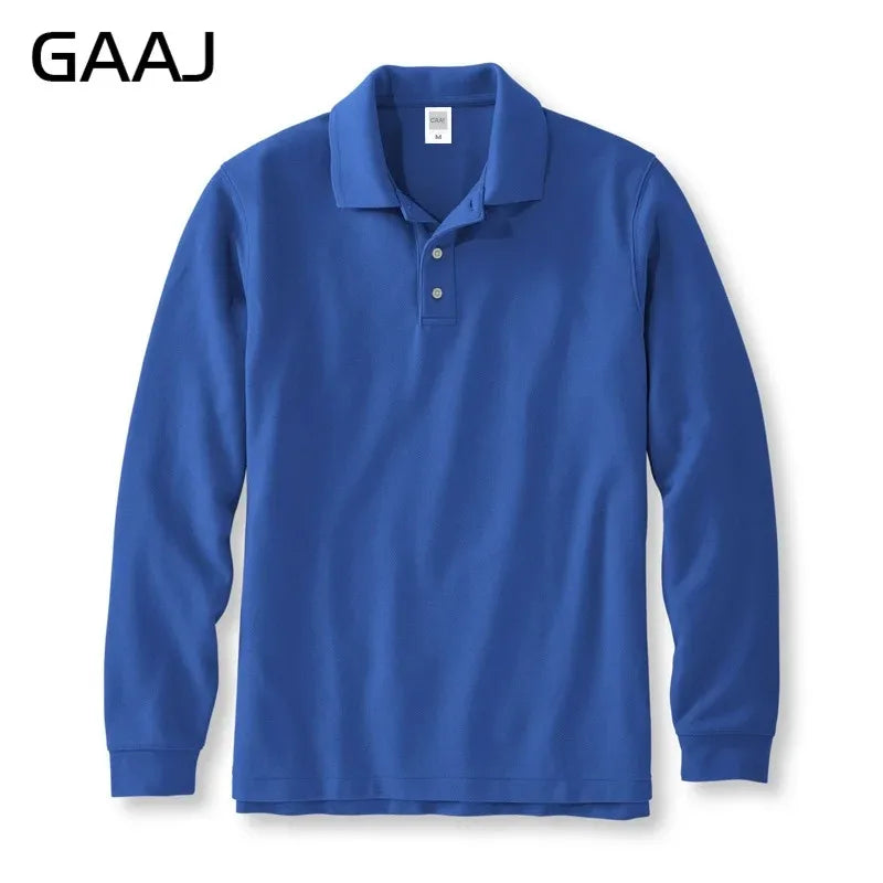 250gsm 8.8oz GAAJ Brand Mens Polo Long Sleeve Shirt 100% Cotton Heavy Weight Casual Business Clothing Solid Polos Shirts Top Man