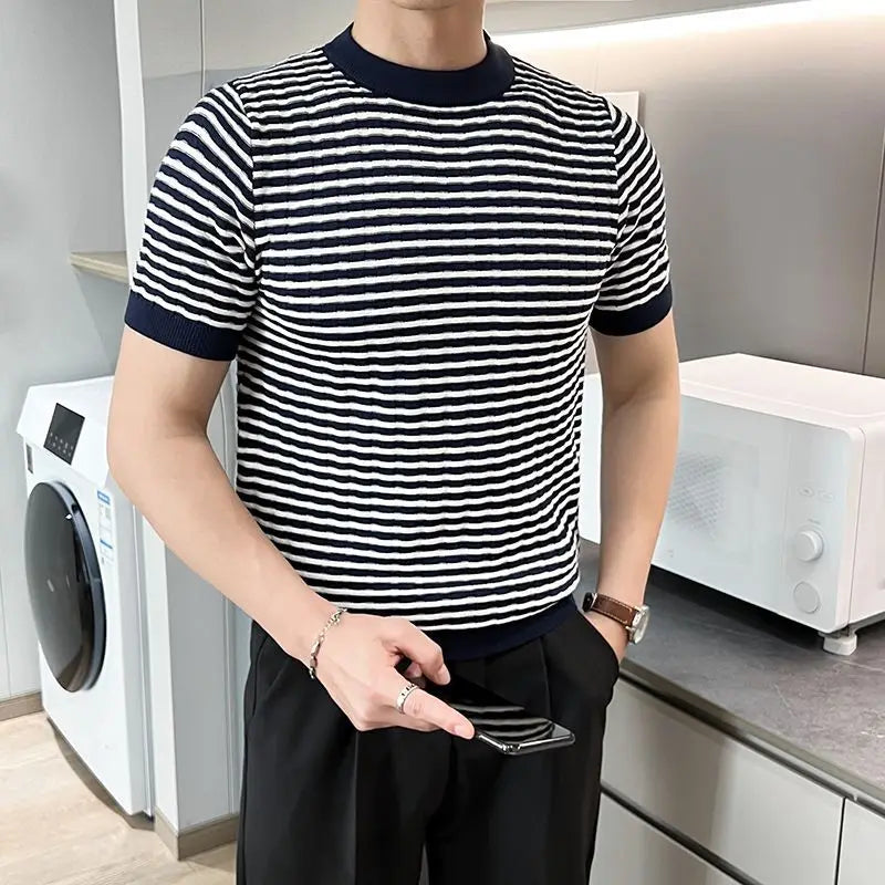 Basic Striped Short Sleeve Pullovers Men's Clothing Contrasting Colors Summer Korean Round Neck Fashion Casual Knitted T-shirts