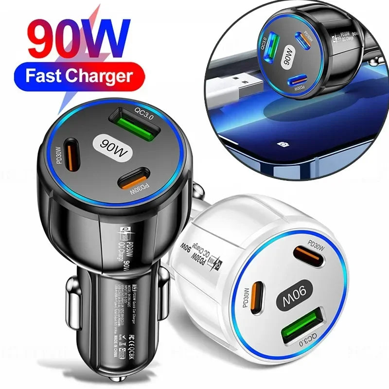 USB Car Charger Quick Charge 90W 3-in-1 QC3.0 PD Moblie Phone Fast Charging Type C Car Quick Charget Adapter Car Accessories