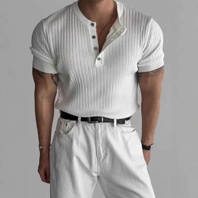 Men's Slim Fit Ribbed Henley Shirt Short Sleeve Button-Up Casual Muscle Tee
