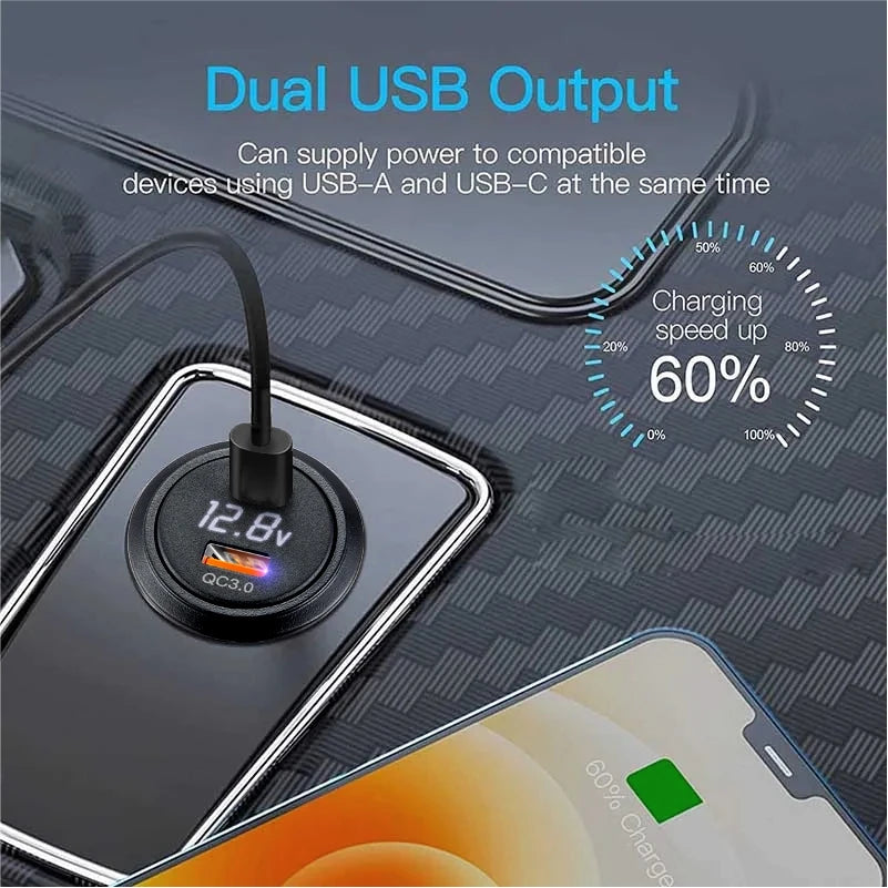Usb c car charger socket with voltmeter usb a 3.0 car charger outlet adapter for  12V/24V Cars Boats Motorcycle