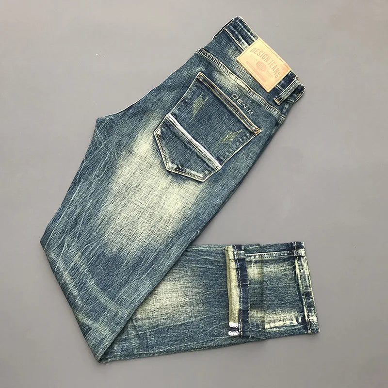 Italian Style Fashion Men Jeans Retro Gray Elastic Slim Fit Ripped Jeans Men Trousers Vintage Designer Casual Denim Pants Hombre
