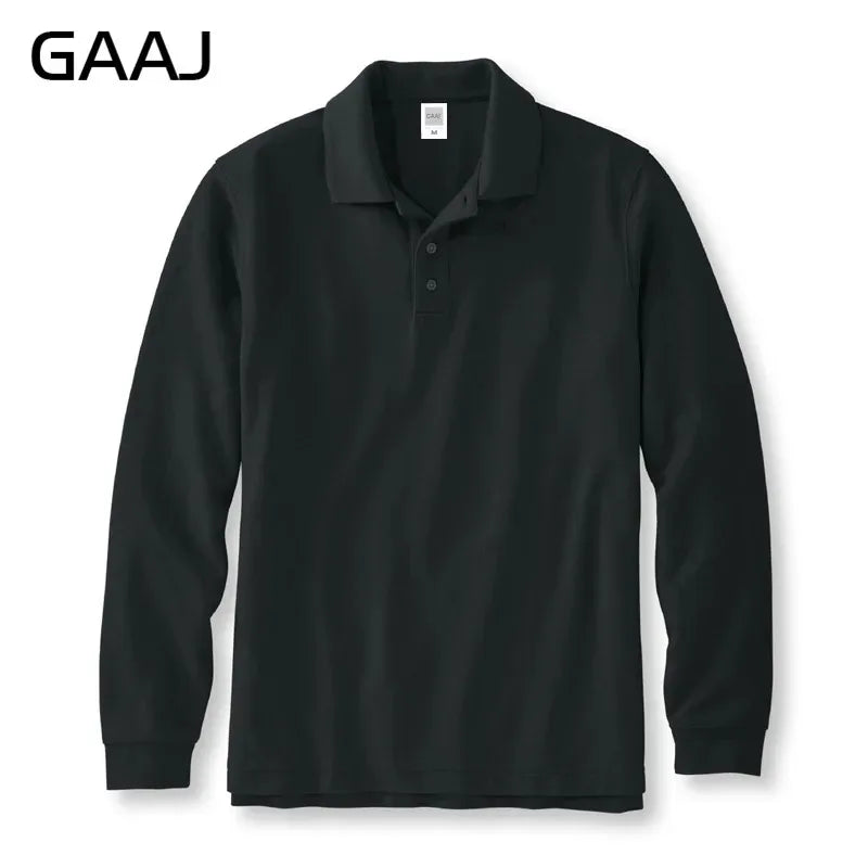 250gsm 8.8oz GAAJ Brand Mens Polo Long Sleeve Shirt 100% Cotton Heavy Weight Casual Business Clothing Solid Polos Shirts Top Man