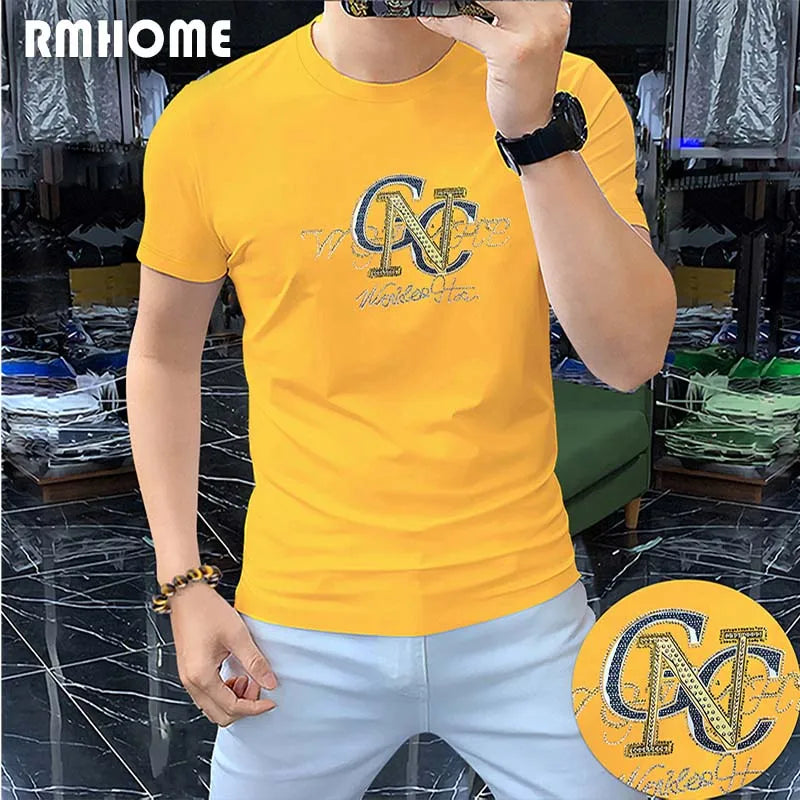 Men's Short Sleeved T-shirt Hot Diamond Letters High Quality Party Leisure Cotton Male Tees Breathable Trendy Brand Top Clothing