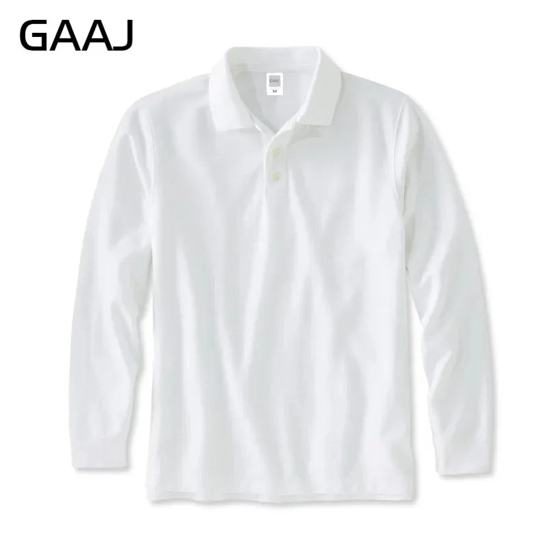 250gsm 8.8oz GAAJ Brand Mens Polo Long Sleeve Shirt 100% Cotton Heavy Weight Casual Business Clothing Solid Polos Shirts Top Man