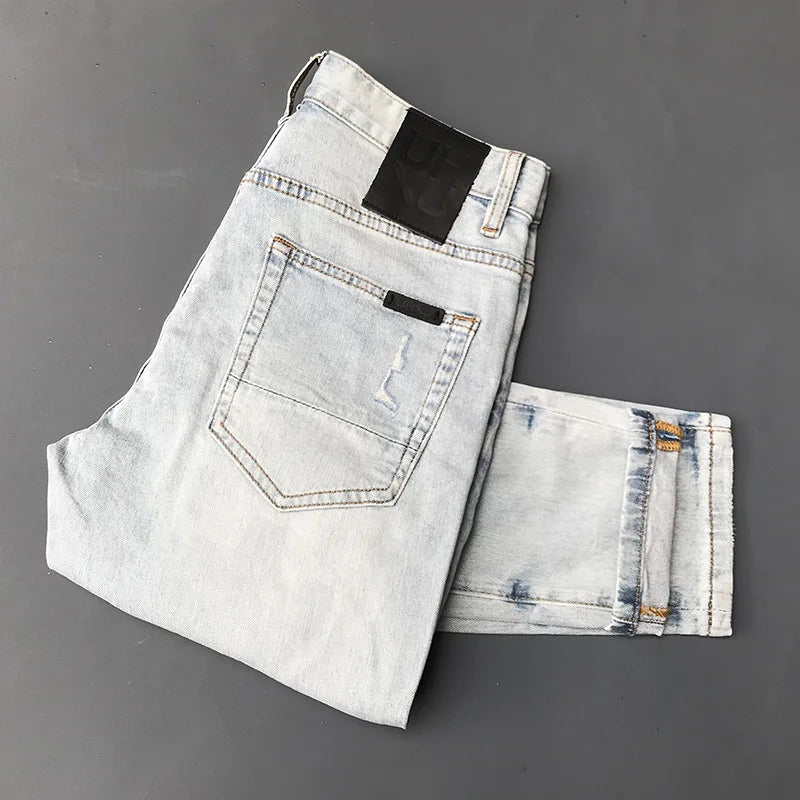 Italian Style Fashion Men Jeans Retro Gray Elastic Slim Fit Ripped Jeans Men Trousers Vintage Designer Casual Denim Pants Hombre