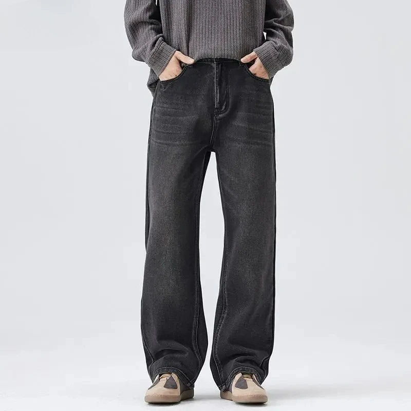 Korean Retro Men's Stretch Jeans Autumn Winter Fashion Straight Leg Pant High Street Baggy Pants Casual Black Jeans Flared Jeans
