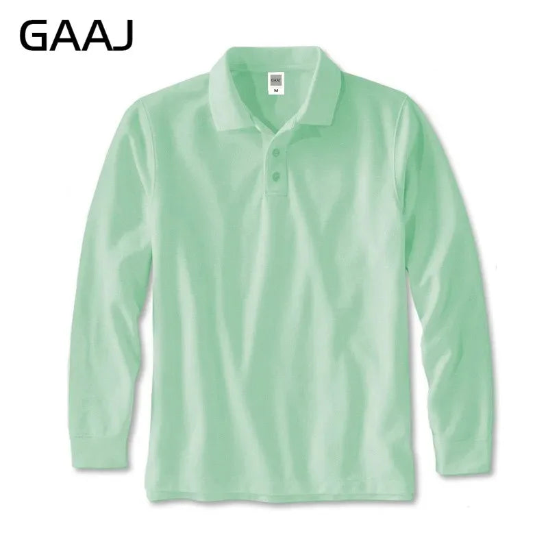 250gsm 8.8oz GAAJ Brand Mens Polo Long Sleeve Shirt 100% Cotton Heavy Weight Casual Business Clothing Solid Polos Shirts Top Man
