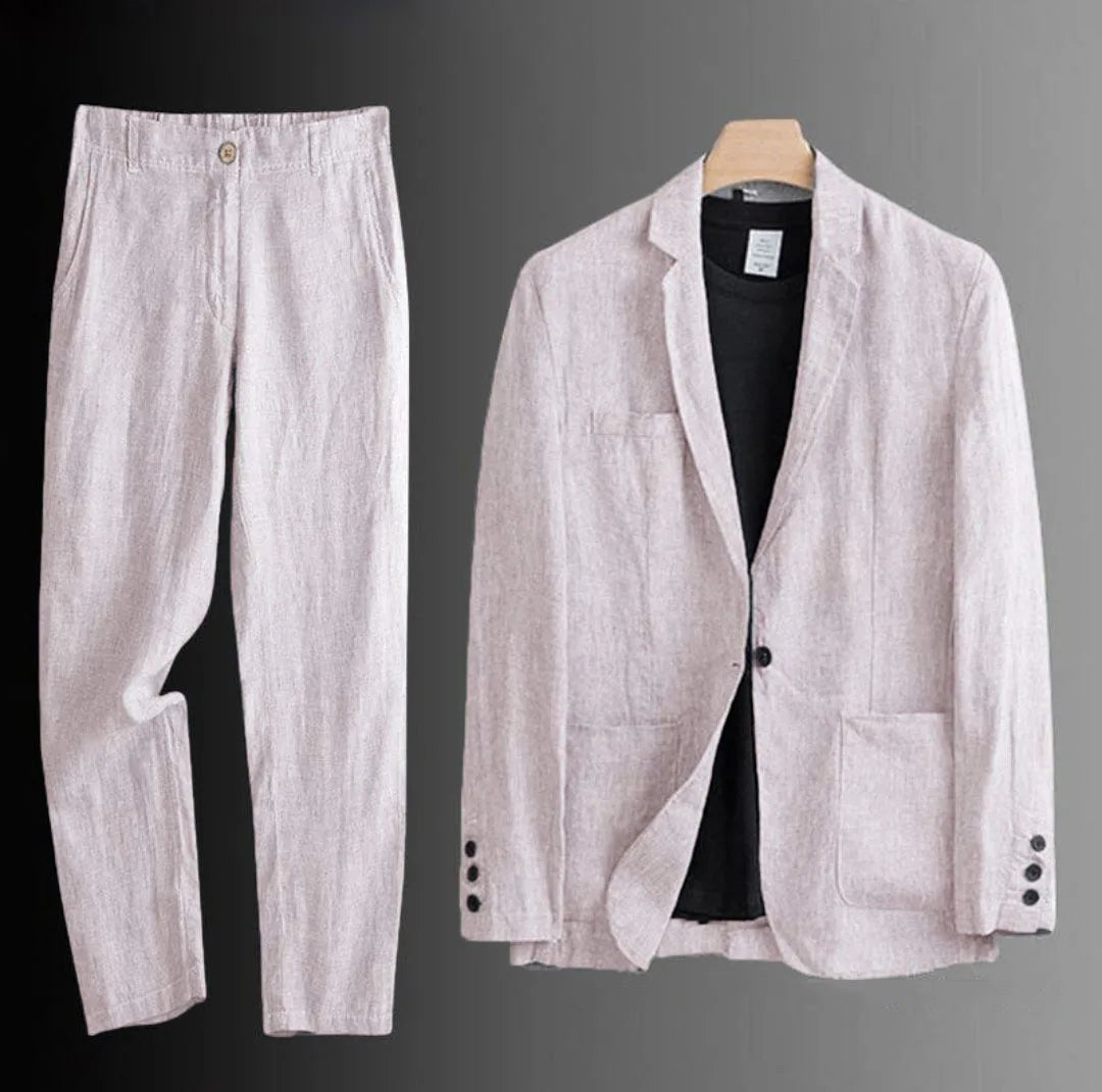 Men's Summer Suit 2 Piece Lightweight Linen Blazer Slim Fit Office Wedding Korean Style Breathable Casual Set Sun Protection