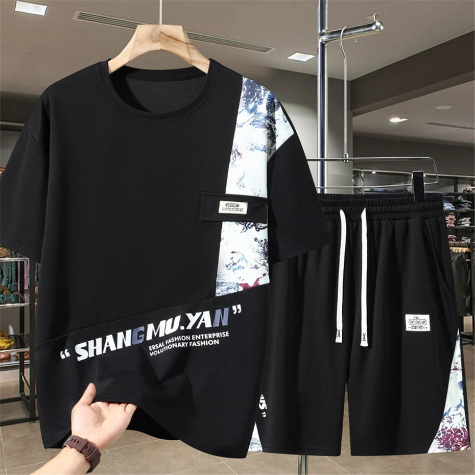 Men's Sets Summer Vintage Patchwork Suits 10XL 11XL Plus Size Summer T-shirt Shorts Male Big Size Suits
