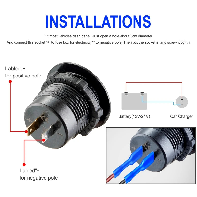Usb c car charger socket with voltmeter usb a 3.0 car charger outlet adapter for  12V/24V Cars Boats Motorcycle