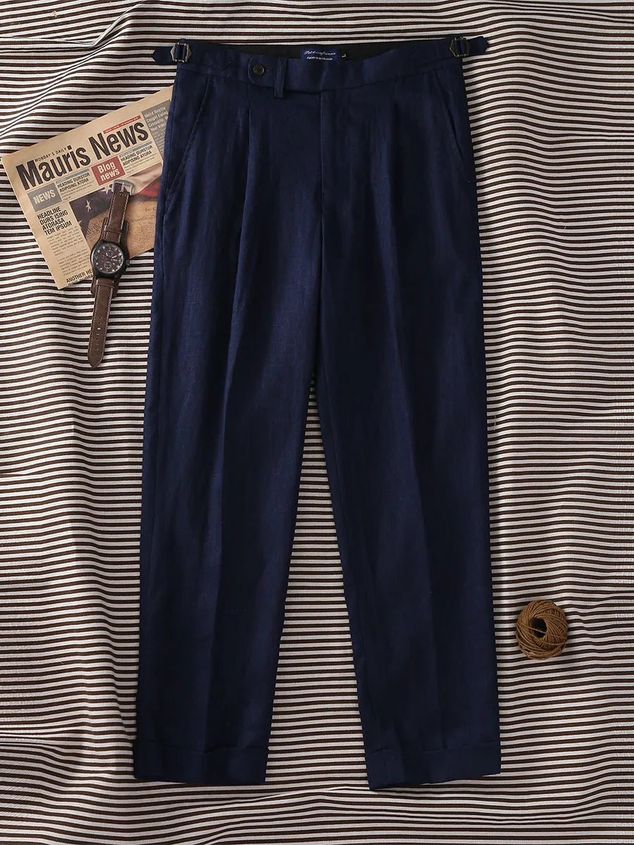 POT&CRAFTSMAN navy pure linen Paris button micro-tapered slacks Italian casual single-pleat suit pants for men customized