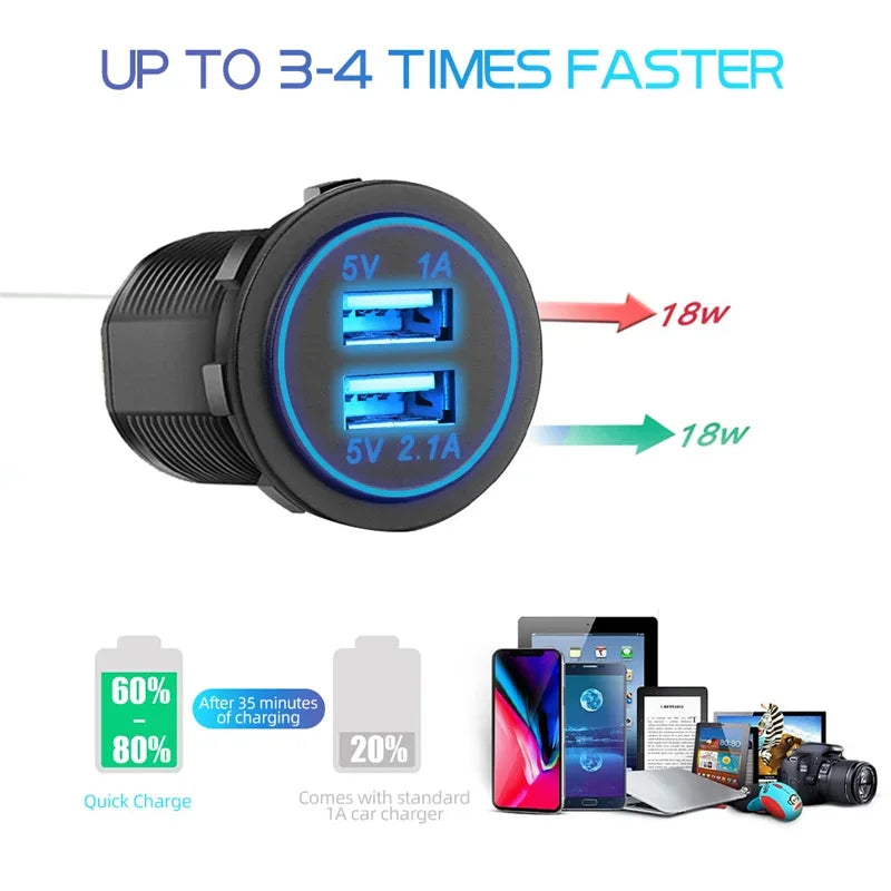 Dual USB Car Charger 5V 3.1A 12V-24V With Panel Waterproof Power Adapter Socket Outlet for Vehicle Boat Truck Motorcycle