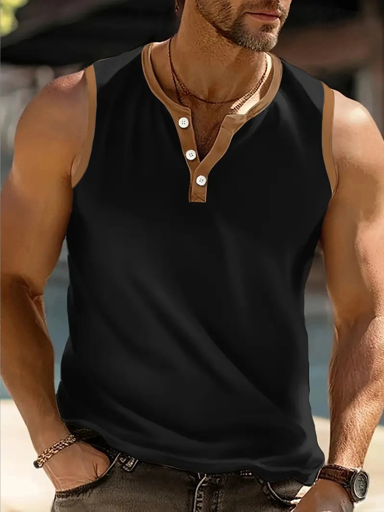 2025 Men Summer Tank Top Sleeveless Button Design Patchwork color T Shirts Loose Fit Running Beach Vest Daily Vest Men Clothing