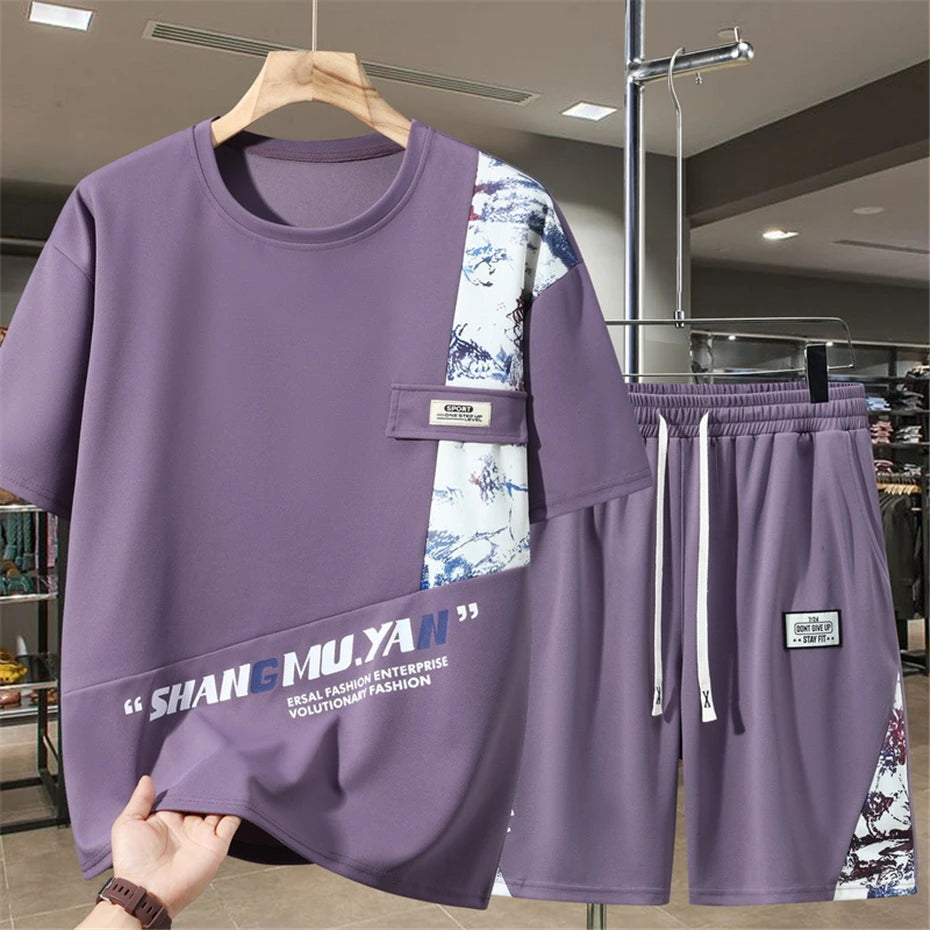 Men's Sets Summer Vintage Patchwork Suits 10XL 11XL Plus Size Summer T-shirt Shorts Male Big Size Suits