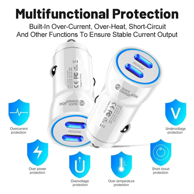 Dual USB C Car Charger 60W PD Fast Charging Universal Vehicle Power Adapter For Phone Tablet Dash Cam GPS Stable Plug LED Light