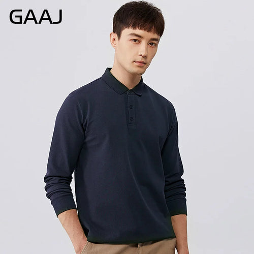 250gsm 8.8oz GAAJ Brand Mens Polo Long Sleeve Shirt 100% Cotton Heavy Weight Casual Business Clothing Solid Polos Shirts Top Man