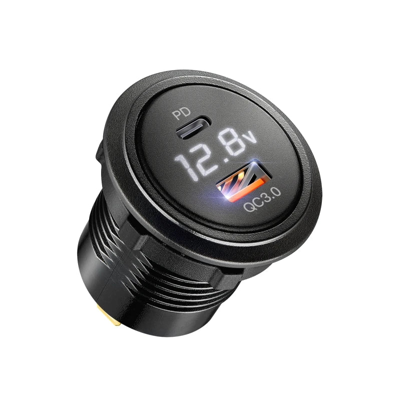 Usb c car charger socket with voltmeter usb a 3.0 car charger outlet adapter for  12V/24V Cars Boats Motorcycle