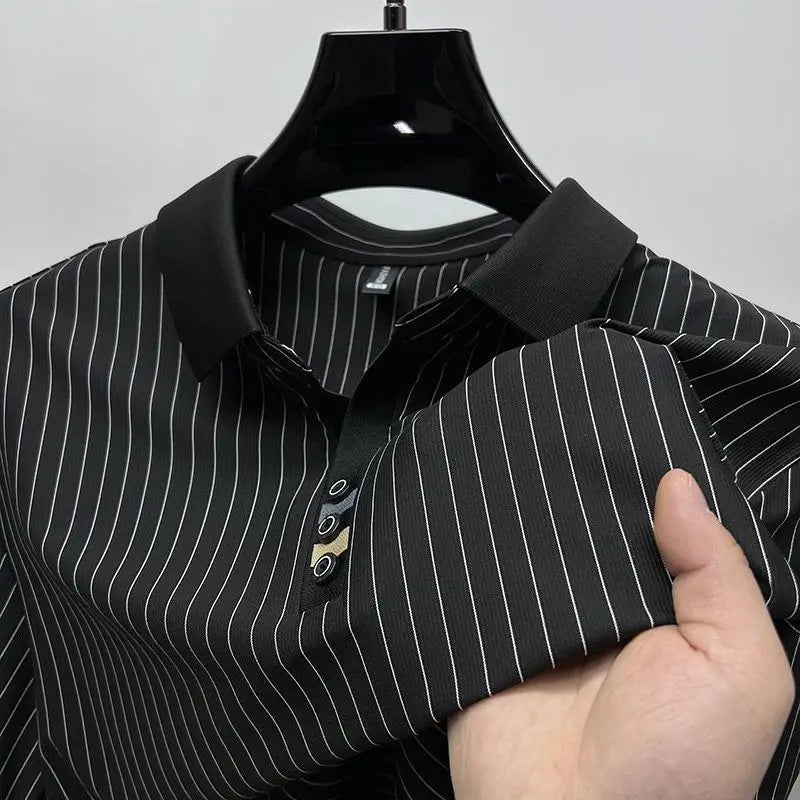 Vertical Striped Ice Silk Short Sleeve T-shirt for Men Slim Fit Collar Summer Thin Polo Shirt