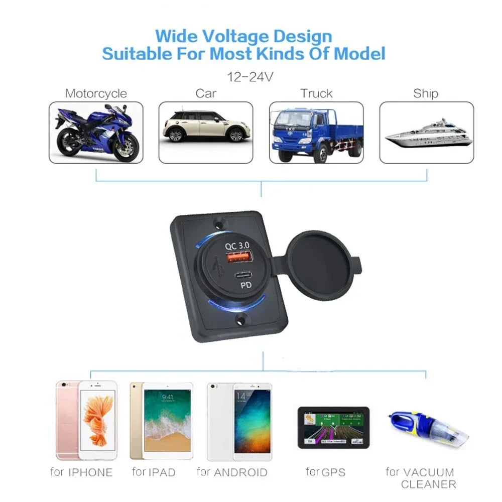 Dual USB Charger Waterproof 12-24V Modified Car Charger with Sliding Cap Fast Charging Power Adapter for Car Boat Bus, RV