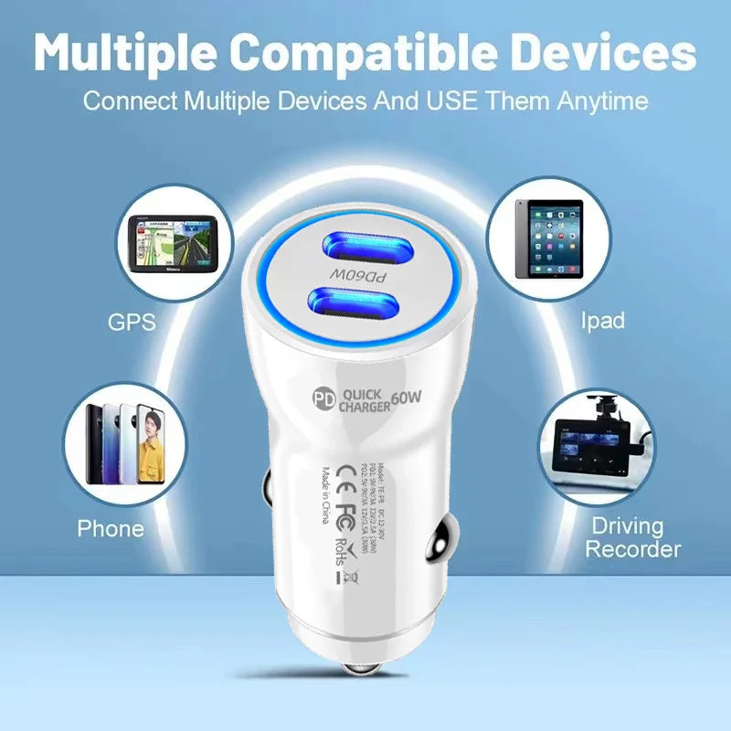 Dual USB C Car Charger 60W PD Fast Charging Universal Vehicle Power Adapter For Phone Tablet Dash Cam GPS Stable Plug LED Light