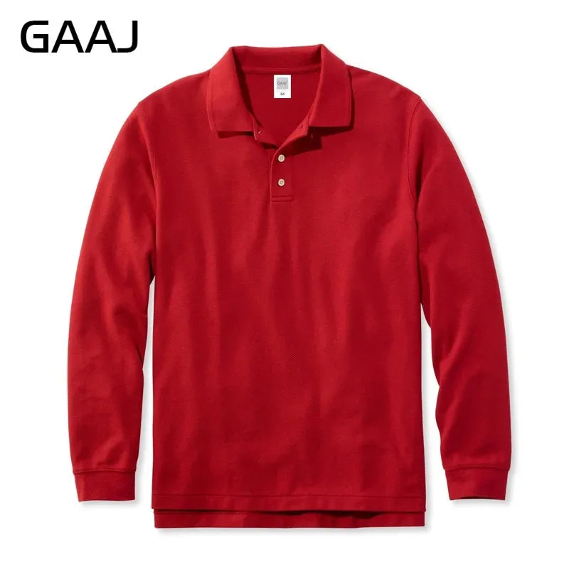 250gsm 8.8oz GAAJ Brand Mens Polo Long Sleeve Shirt 100% Cotton Heavy Weight Casual Business Clothing Solid Polos Shirts Top Man