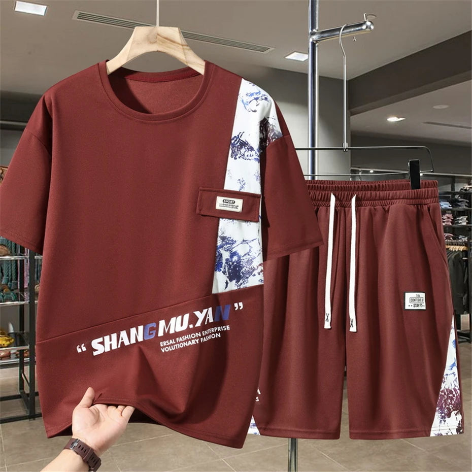 Men's Sets Summer Vintage Patchwork Suits 10XL 11XL Plus Size Summer T-shirt Shorts Male Big Size Suits