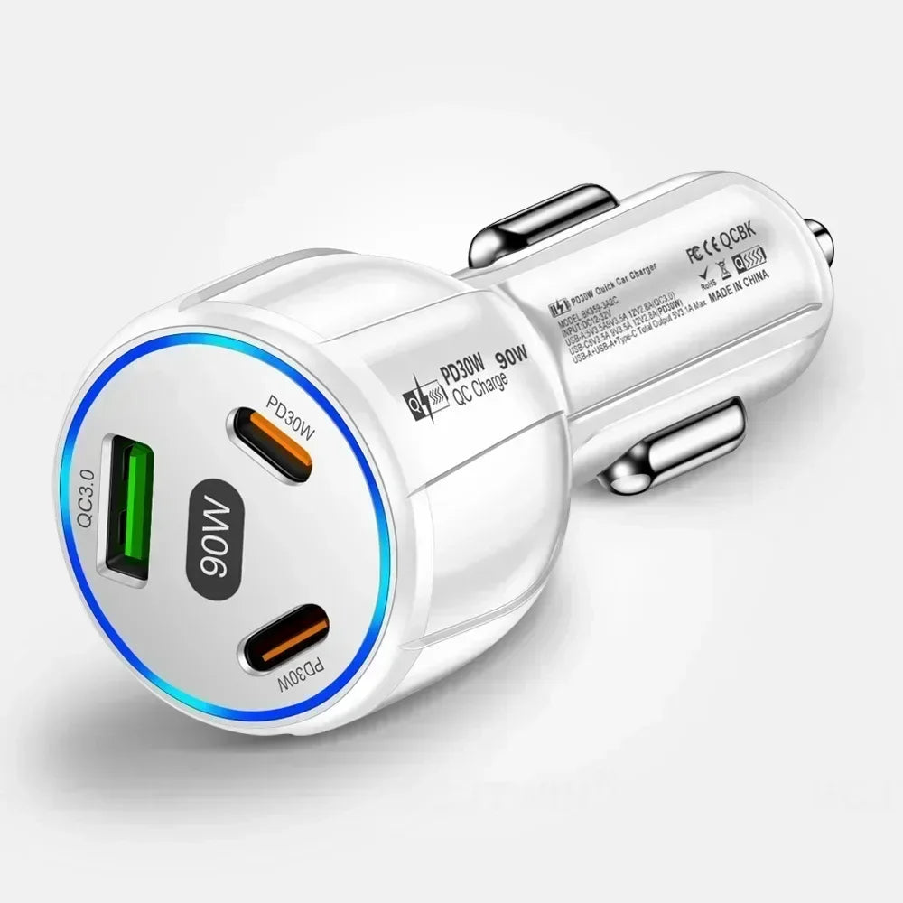 USB Car Charger Quick Charge 90W 3-in-1 QC3.0 PD Moblie Phone Fast Charging Type C Car Quick Charget Adapter Car Accessories