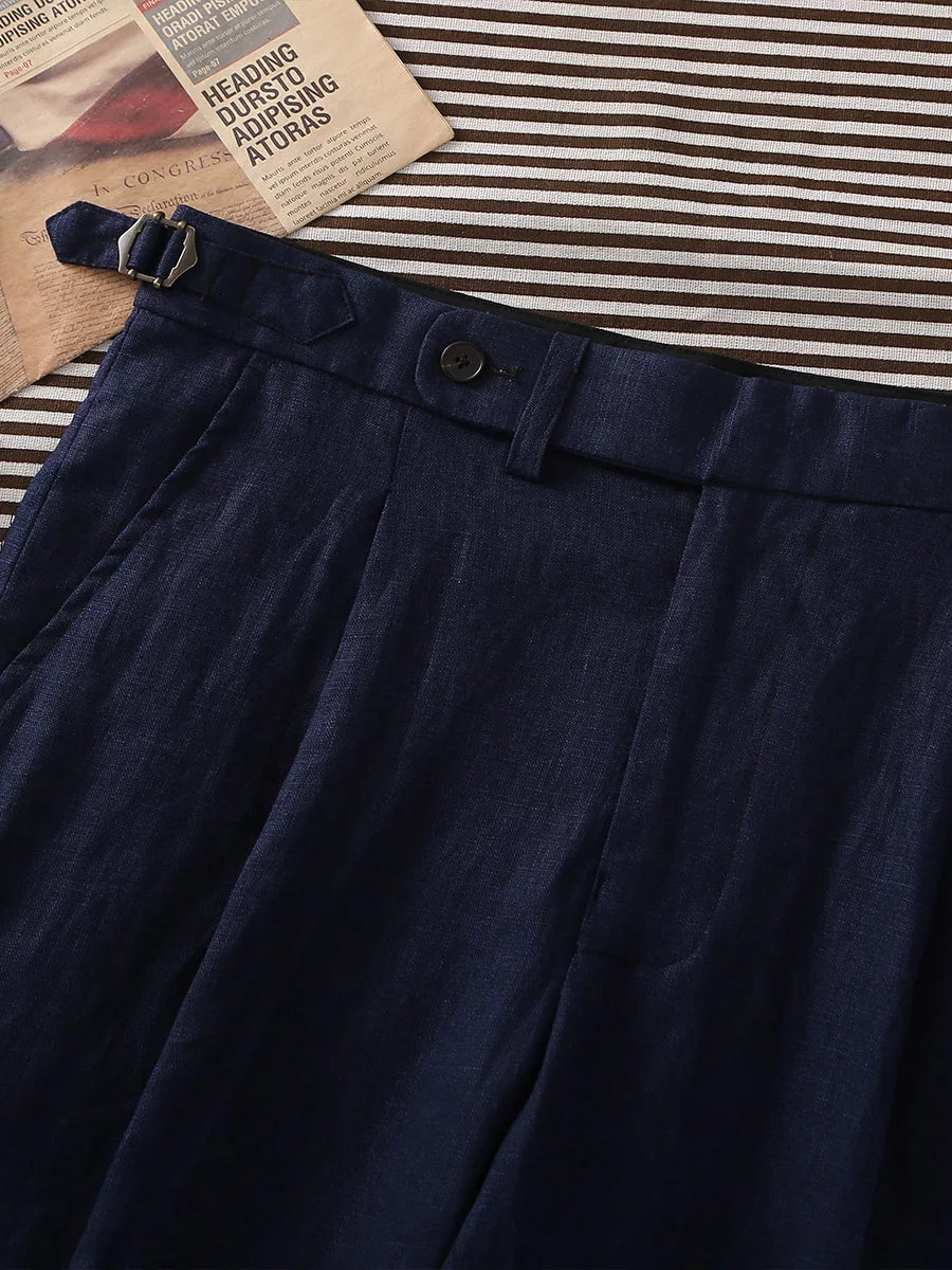 POT&CRAFTSMAN navy pure linen Paris button micro-tapered slacks Italian casual single-pleat suit pants for men customized