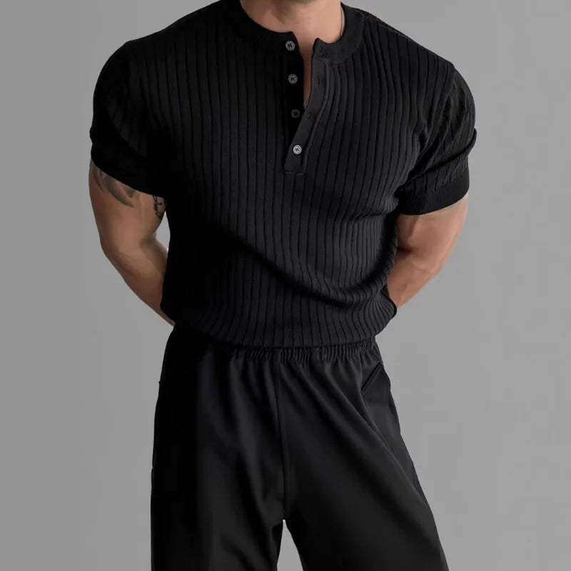 Men's Slim Fit Ribbed Henley Shirt Short Sleeve Button-Up Casual Muscle Tee