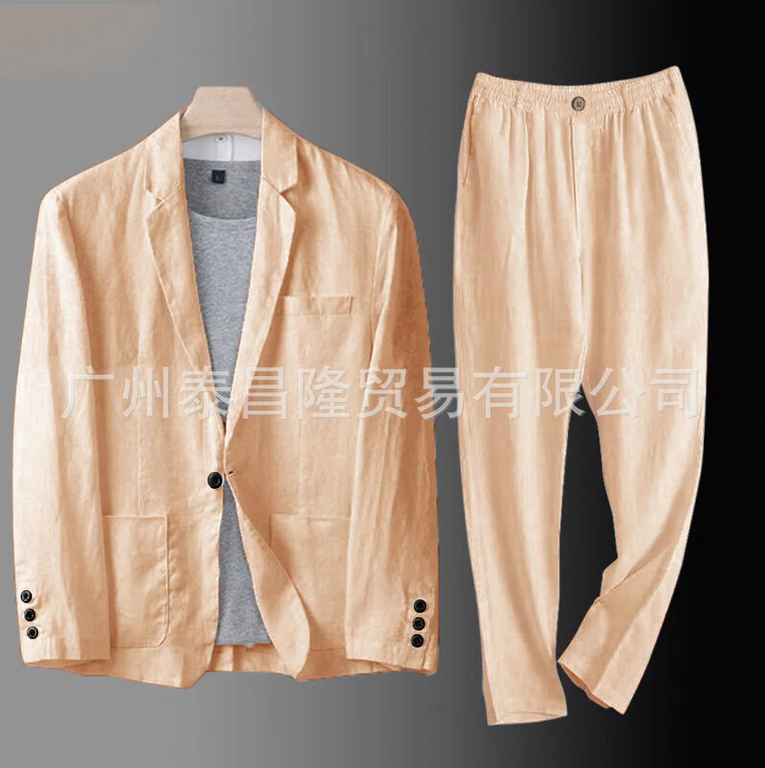 Men's Summer Suit 2 Piece Lightweight Linen Blazer Slim Fit Office Wedding Korean Style Breathable Casual Set Sun Protection
