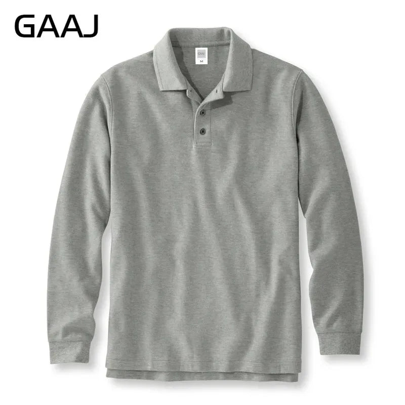 250gsm 8.8oz GAAJ Brand Mens Polo Long Sleeve Shirt 100% Cotton Heavy Weight Casual Business Clothing Solid Polos Shirts Top Man