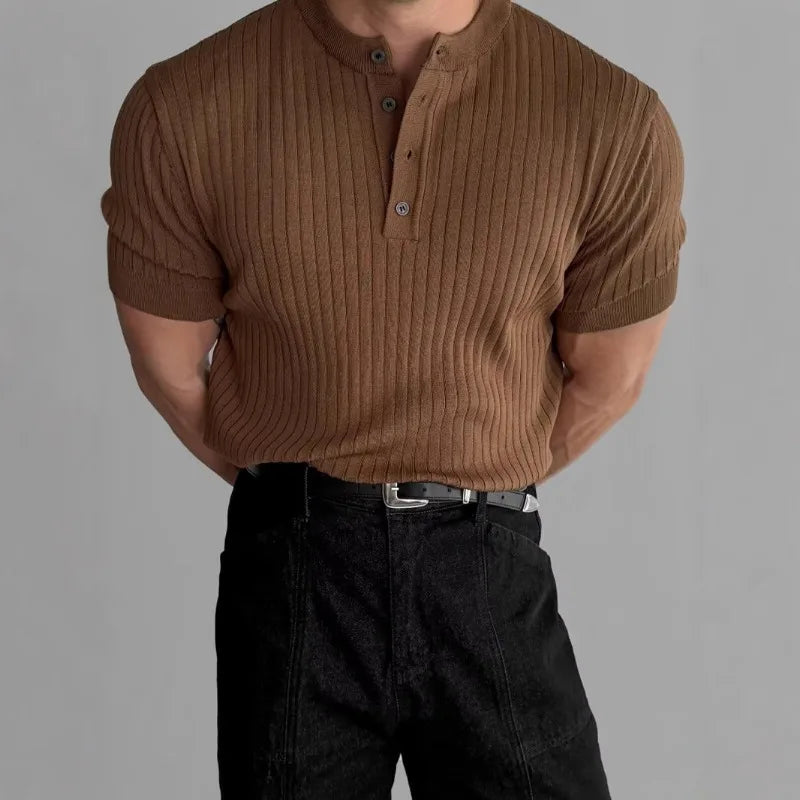 Men's Slim Fit Ribbed Henley Shirt Short Sleeve Button-Up Casual Muscle Tee