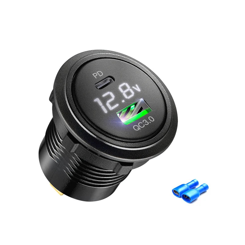 Usb c car charger socket with voltmeter usb a 3.0 car charger outlet adapter for  12V/24V Cars Boats Motorcycle