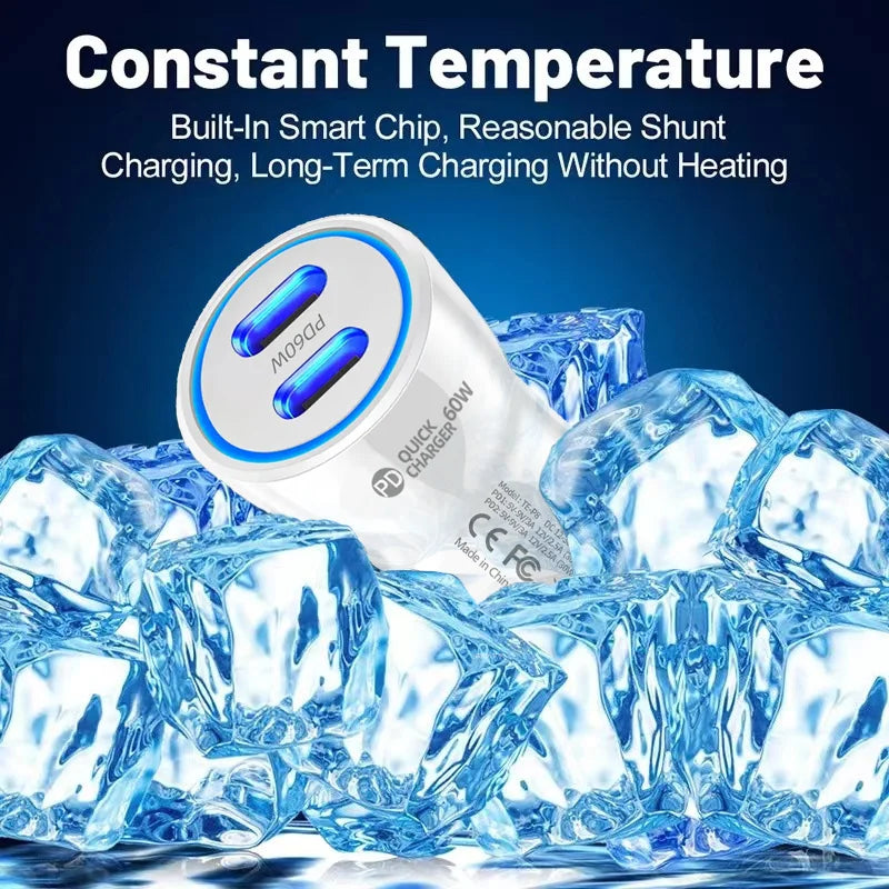 Dual USB C Car Charger 60W PD Fast Charging Universal Vehicle Power Adapter For Phone Tablet Dash Cam GPS Stable Plug LED Light