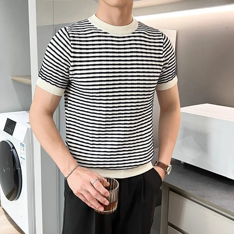 Basic Striped Short Sleeve Pullovers Men's Clothing Contrasting Colors Summer Korean Round Neck Fashion Casual Knitted T-shirts