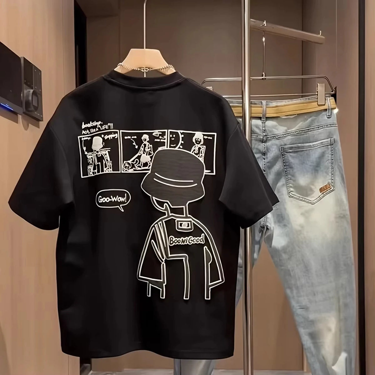 2026 Summer 2026 Summer New Men'S Cotton T-Shirt Casual Short-SleeveRound Neck Retro Comic Style Versatile for Harajuku Shirt