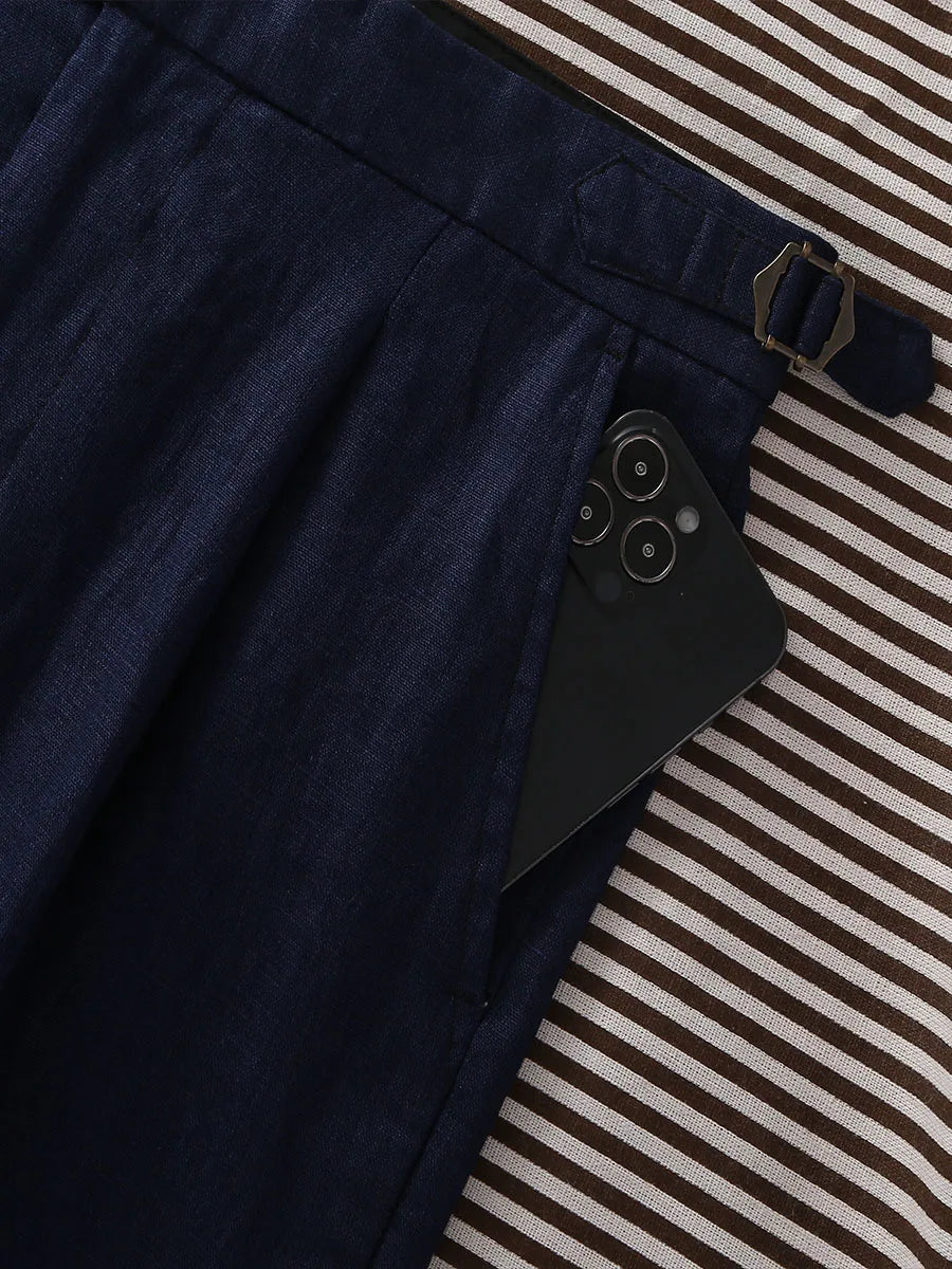 POT&CRAFTSMAN navy pure linen Paris button micro-tapered slacks Italian casual single-pleat suit pants for men customized