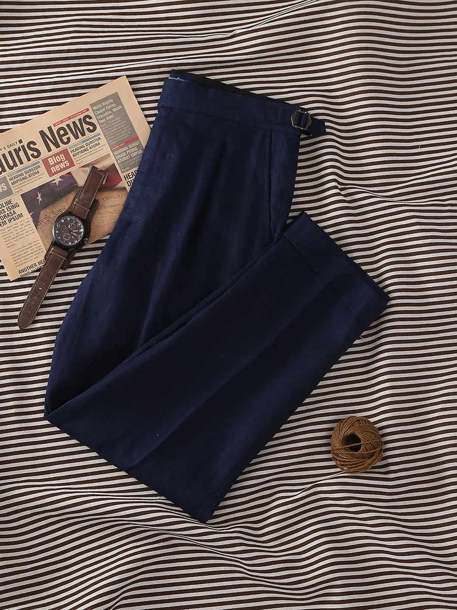 POT&CRAFTSMAN navy pure linen Paris button micro-tapered slacks Italian casual single-pleat suit pants for men customized