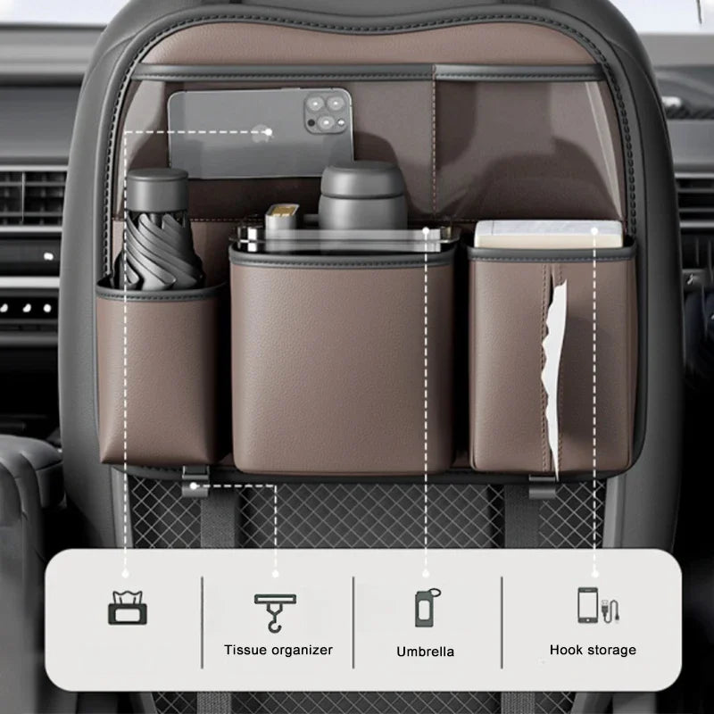 SEAMETAL Car Seat Organizer Multifunctional Leather Car Back Multi Pocket Storage Bag with Trash Can for Car Accessories