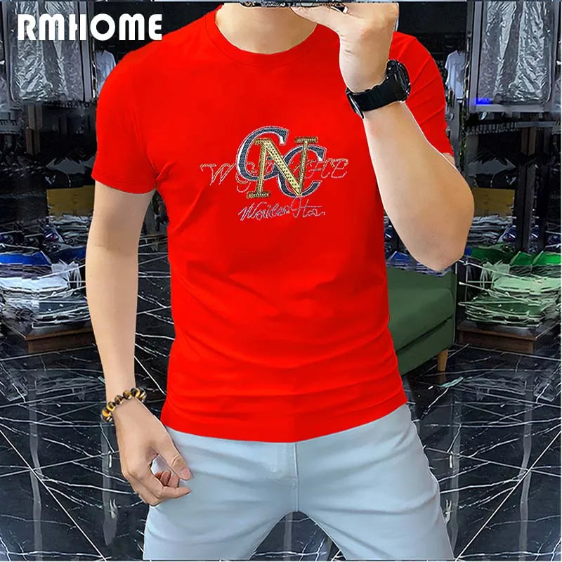 Men's Short Sleeved T-shirt Hot Diamond Letters High Quality Party Leisure Cotton Male Tees Breathable Trendy Brand Top Clothing