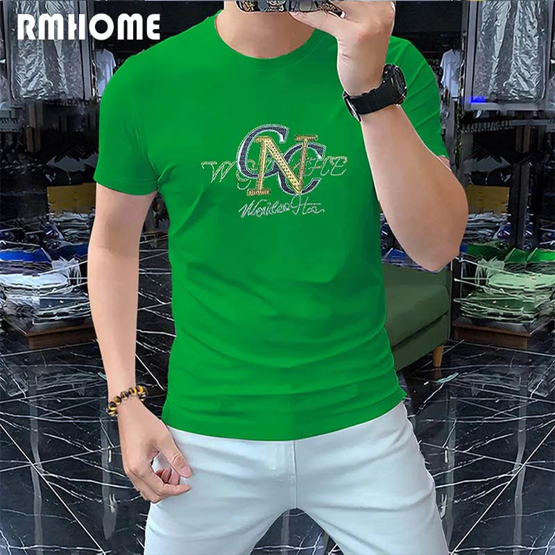 Men's Short Sleeved T-shirt Hot Diamond Letters High Quality Party Leisure Cotton Male Tees Breathable Trendy Brand Top Clothing