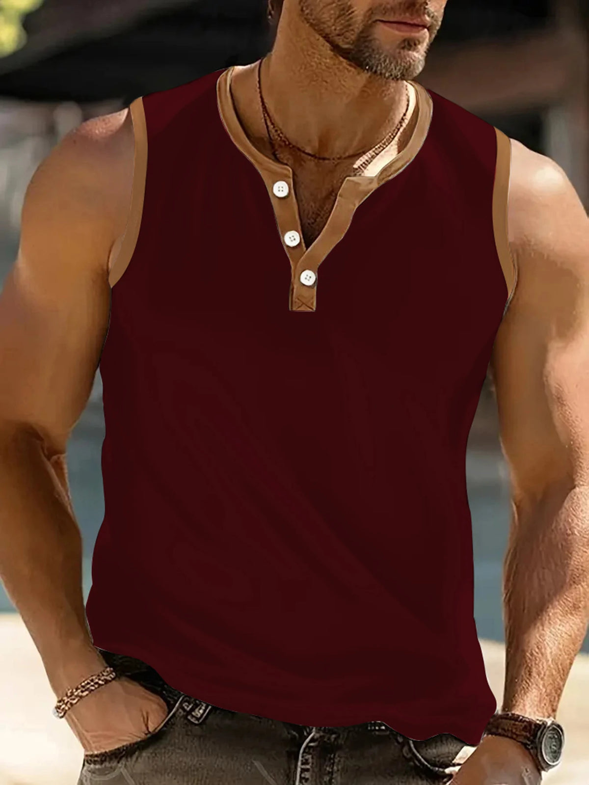 2025 Men Summer Tank Top Sleeveless Button Design Patchwork color T Shirts Loose Fit Running Beach Vest Daily Vest Men Clothing