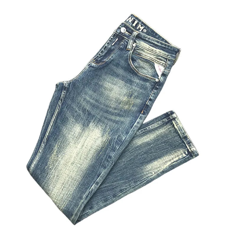 Italian Style Fashion Men Jeans Retro Gray Elastic Slim Fit Ripped Jeans Men Trousers Vintage Designer Casual Denim Pants Hombre